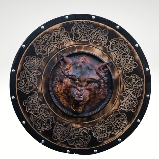 Fenrir Viking Shield with Handcarved Wolf Head, 24"