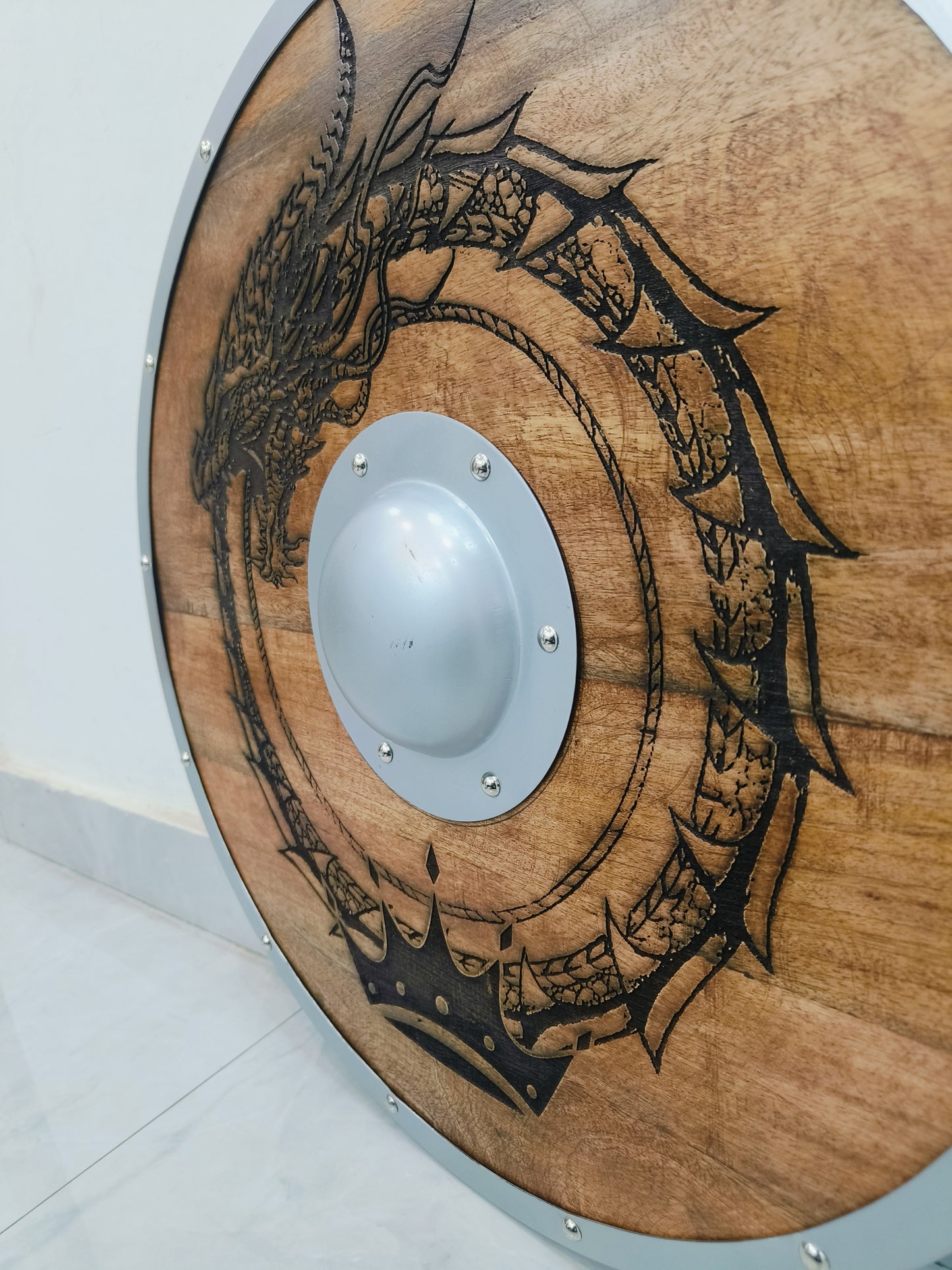 Carved Norse Runic Dragon Shield With Crown Authentic Viking Shield, 24"