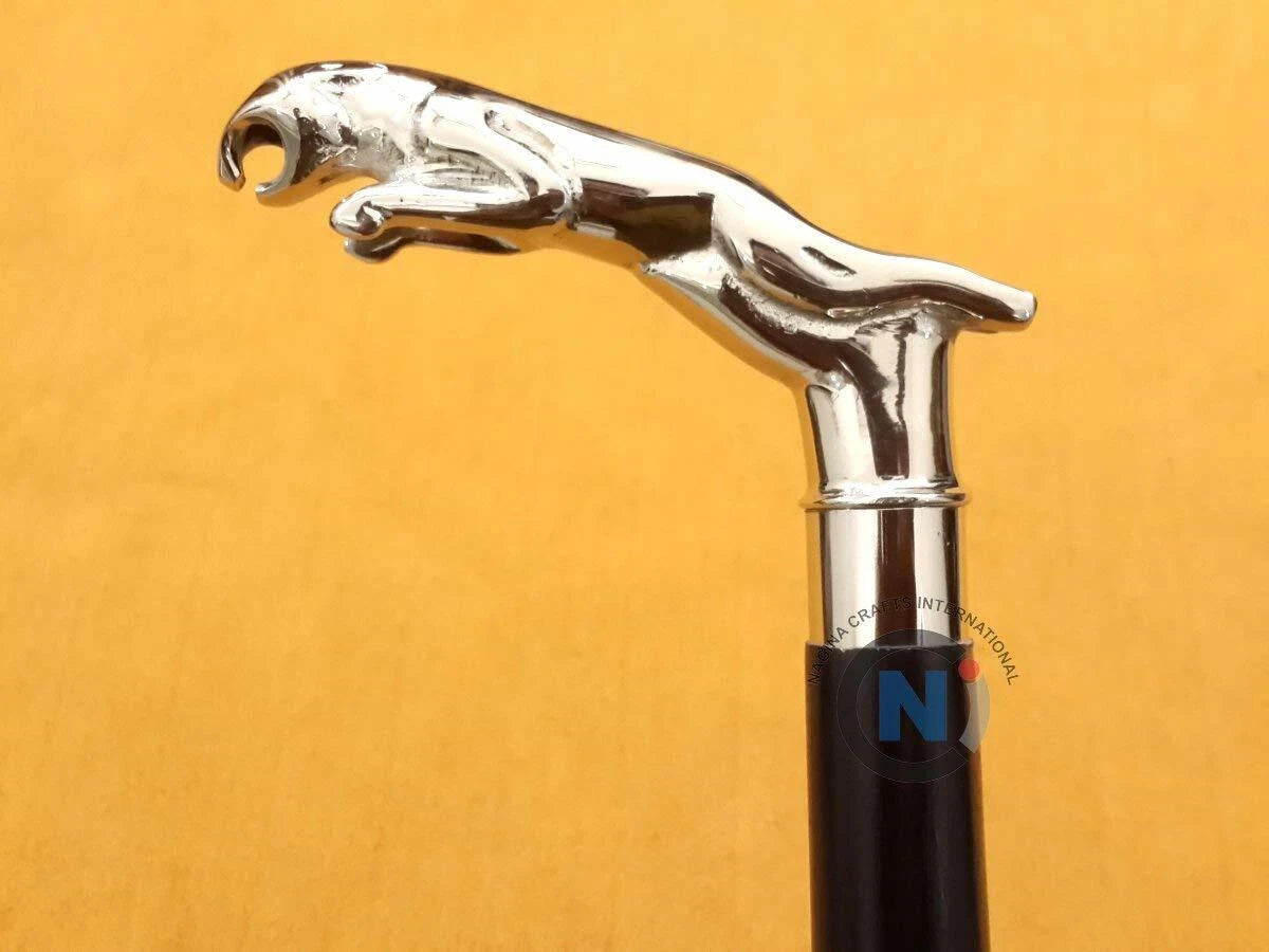 Vintage Brass Jaguar Head Handle Victorian Style Wooden Walking Stick Cane Gift