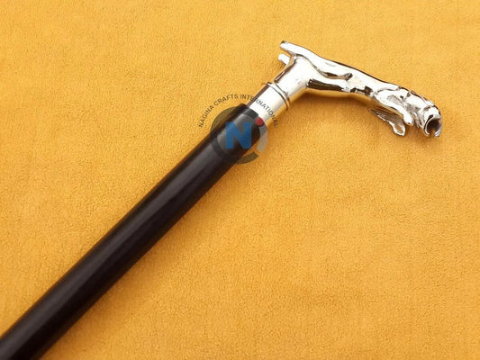 Vintage Brass Jaguar Head Handle Victorian Style Wooden Walking Stick Cane Gift