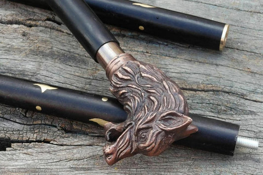 Wolf Face Walking Stick Wolf Head Antique Brass Handle Wooden Cane Vintage Decor