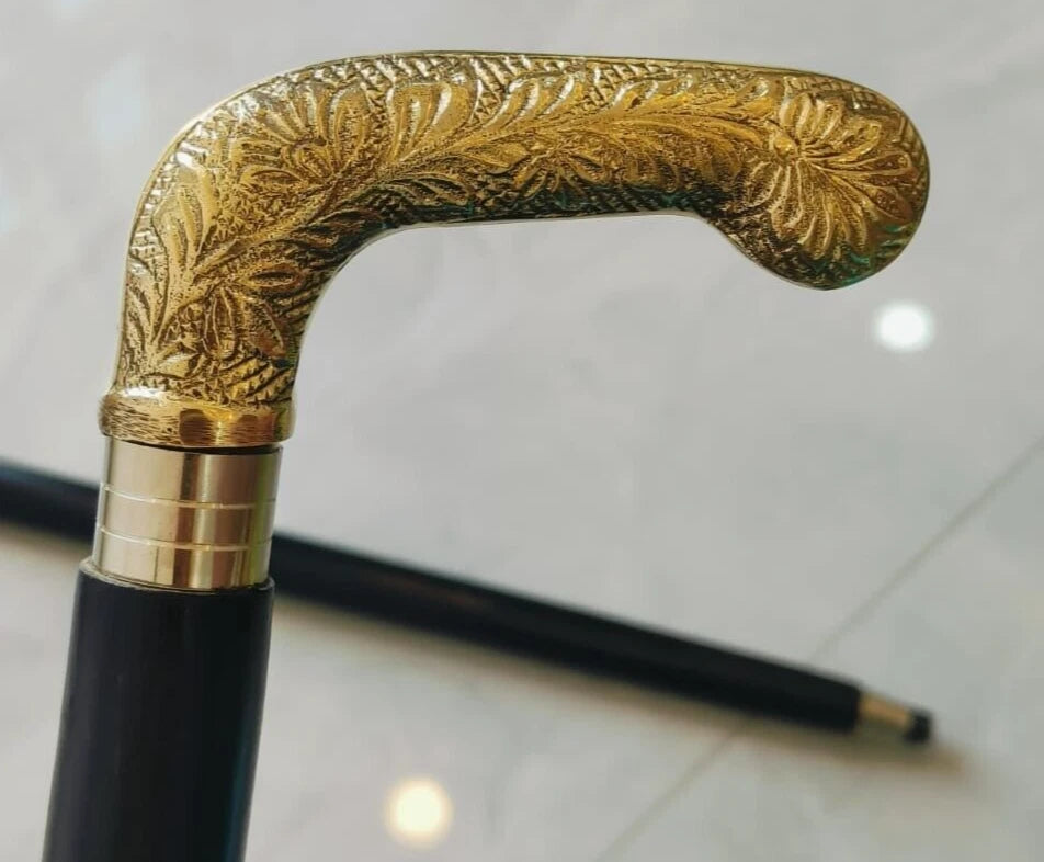 Victorian Walking Stick Solid Brass Handle Antique Wooden Cane Vintage Men Gift