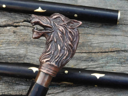 Wolf Face Walking Stick Wolf Head Antique Brass Handle Wooden Cane Vintage Decor