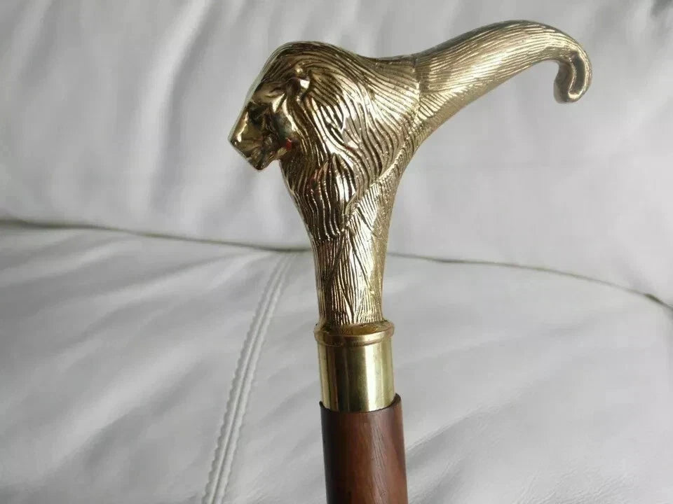 Vintage Brass Lion Head Handle Walking Stick Cane Antique Style Wood Men Gift