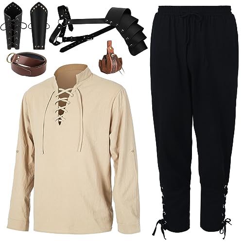 Jeyiour Men's Renaissance Costume Set Medieval Shirt Pirate Outfit Cosplay Viking Ankle Pants Belt Pouch Armband Beige, Black X-Large