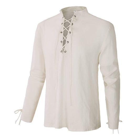 Men's Renaissance Shirt Pirate Medieval Viking top Linen Long Sleeved Halloween Costume Large Z2826wh