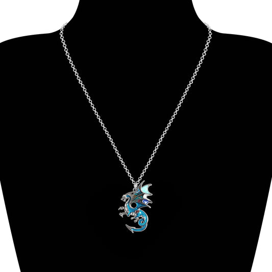 Enamel Alloy Dragon Pendant Necklace - Fantasy Dinosaur Charm Gift for Women - Blue