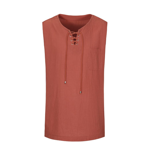 Mens Medieval Renaissance Pirate Costume, Sleeveless Lace-up Stand Collar Shirt, Men Pirate Vest, Viking Gothic Celtic Medium Brick red