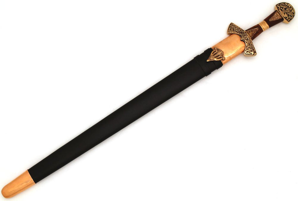 9th Century Thane's Engraved Sword with Brass, Copper, Mahogany & Leather Scabbard