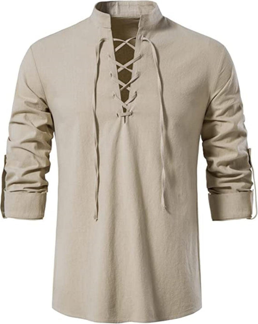 Men's Long Sleeve Shirts Retro Style Lace up for Medieval,Viking,Hippie Halloween Cosplay Pirate Renaissance Costume Medium Khaki