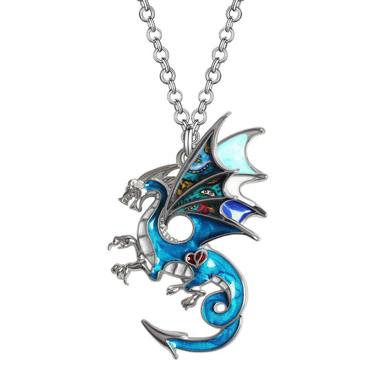 Enamel Alloy Dragon Pendant Necklace - Fantasy Dinosaur Charm Gift for Women - Blue