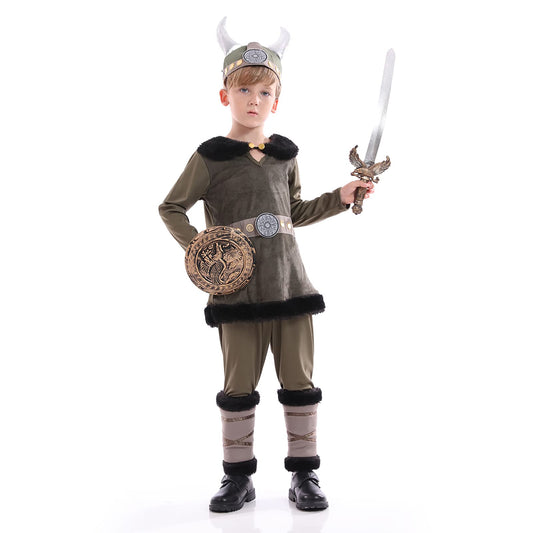 Funivals Boys Costume for Halloween Carnival,Boy Suit Role Play with Accessories Medium Viking Warrior