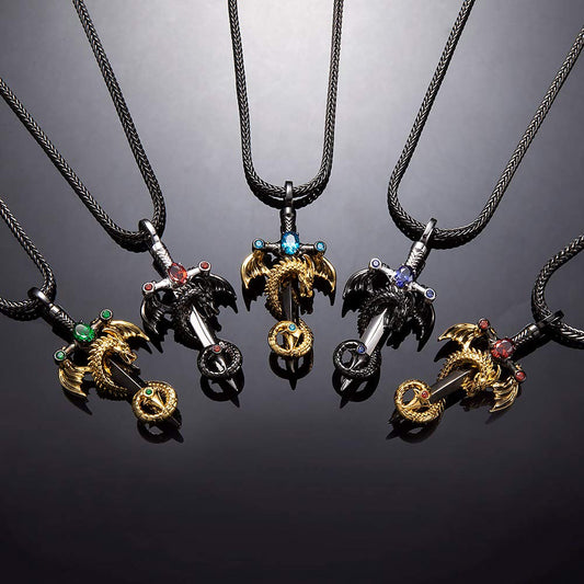 Personalized Birthstone Dragon Sword Necklace - Anniversary Gift for Men - Vintage Punk Pendant