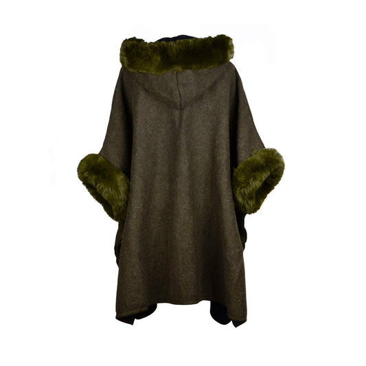 Fur-Lined Leather Closure Wool Half-Cloak with Hood