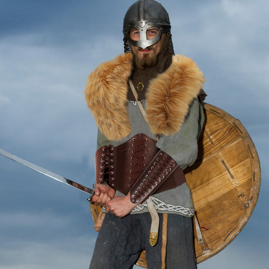Mepase 4 Pcs Viking Costume Set Include Faux Fur Collar Halloween Lace up Waist Belt 2 Pu Leather Gauntlet Wristband Brown