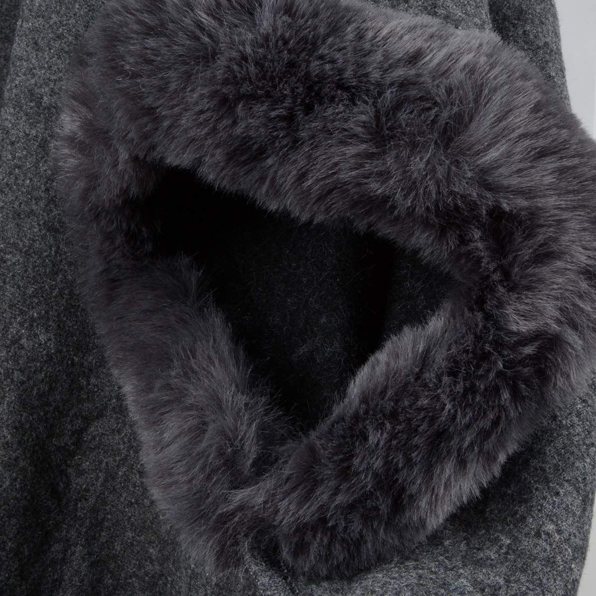 Fur-Lined Leather Closure Wool Half-Cloak with Hood