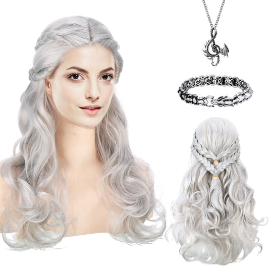 Tigeen 3 Pcs Halloween Silver Viking Wig Costume Sets for Women Includes Braided Silver Wigs Music Note Pendant Dragon Necklace Dragon Keel Chain Link Bracelet Dragon Jewelry Vintage Gift for Party