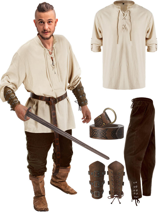 Jiuguva 4 Pcs Halloween Men's Renaissance Costume Set Medieval Pirate Shirt Ankle Banded Pants Viking Belt Accessories Vintage Color Large