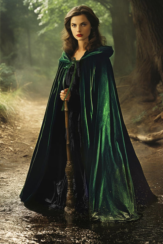 HOMELEX Black Witch Velvet Cloak Halloween Maleficent Hooded Cape Queen King Robe Outfit Renaissance Medieval Costume Green