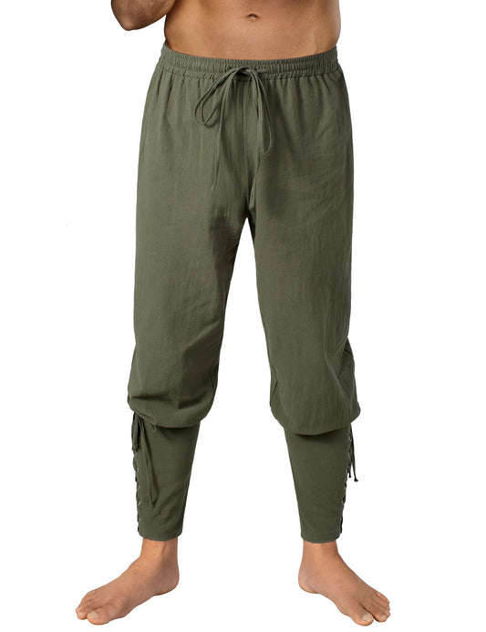Men's Medieval Ankle Pants - Viking Pirate Renaissance Costume Trousers with Drawstrings & Banded Cuffs 28,29 Army Green