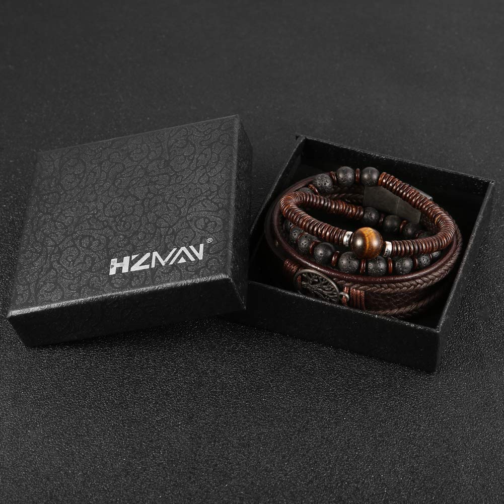 HZMAN Genuine Leather Tree of life Bracelets Men Women, Tiger Eye Natural Stone Lava Rock Beads Ethnic Tribal Elastic Bracelets Wristbands Classic Set