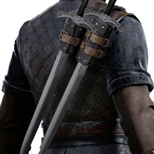 HiiFeuer Medieval Faux Leather Double Back Sword Frog, Mercenary Adjustable Sword Holster, Middle Ages Back Sword Holster Brown a