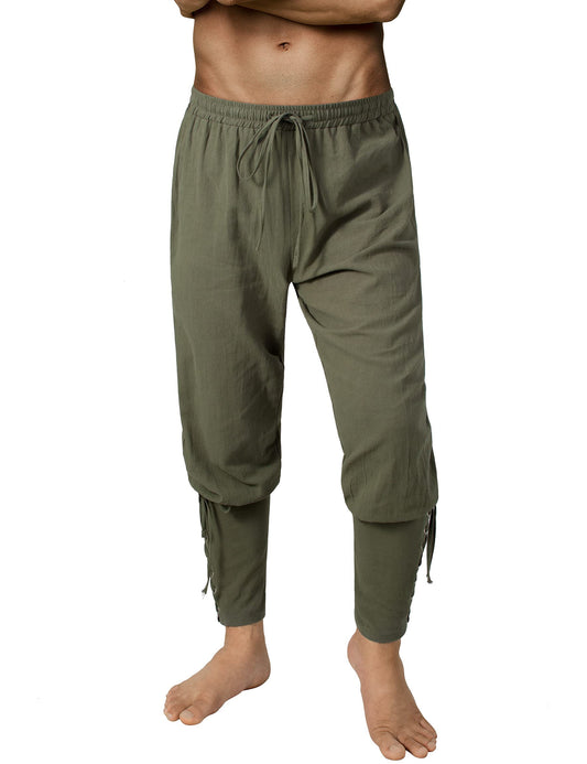 Men's Medieval Ankle Pants - Viking Pirate Renaissance Costume Trousers with Drawstrings & Banded Cuffs 28,29 Army Green