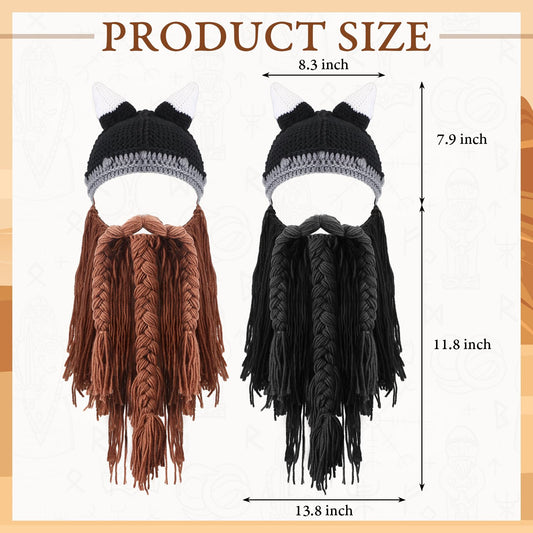 2 Pcs Viking Horn Beard Hat Handmade Creative Knit Wig Mask