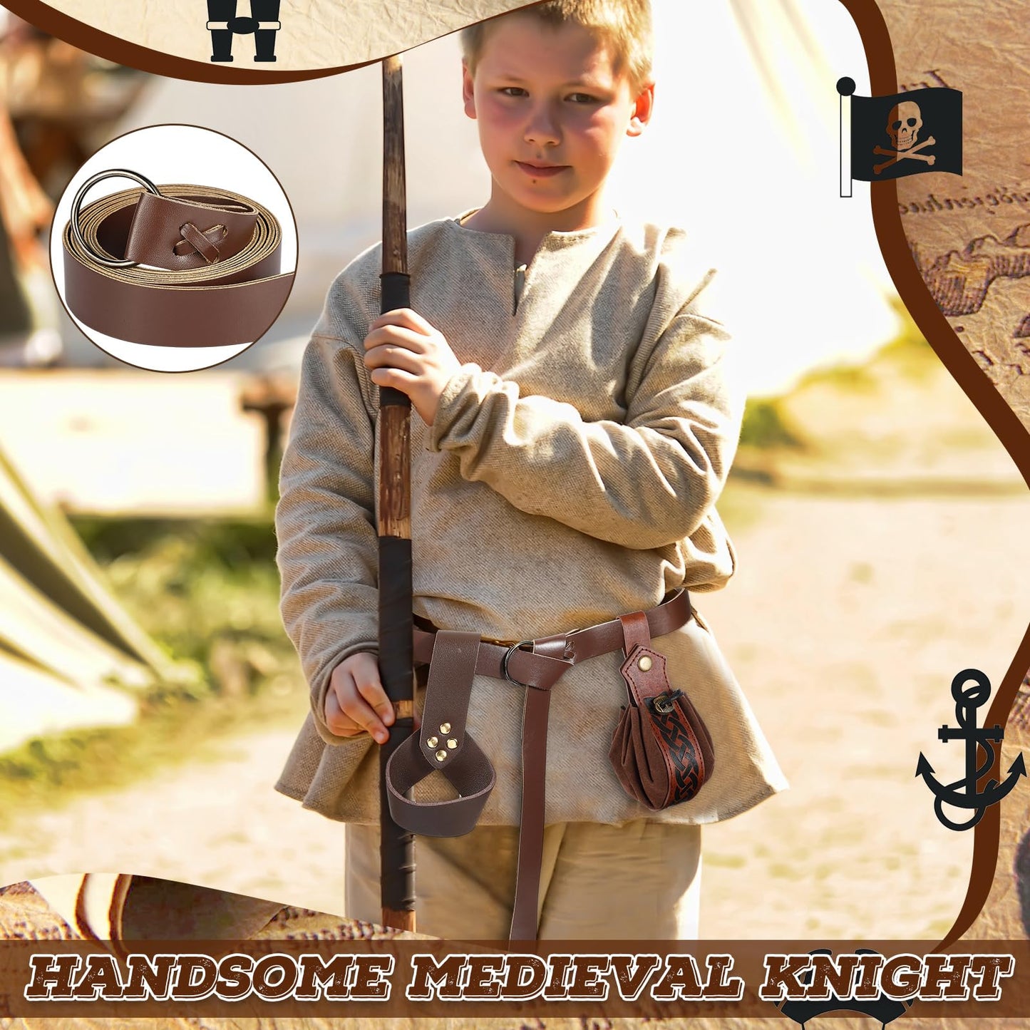 Sanwuta 3 Pcs Kids Viking Costume O Ring Medieval Viking Belt Renaissance Waist Bag Medieval Sword Holder for Halloween Brown Cool