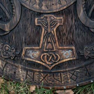 Handcarved Norse Runic Jörmungandr Ornaments Viking Shield, Large, 30"