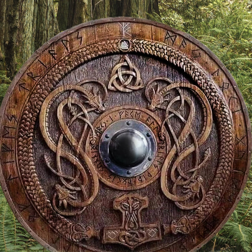 Carved Norse Runic Shield with Jörmungandr Ornaments, 24"