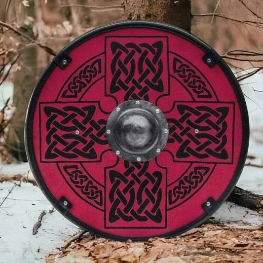 Smooth Red Medieval Shield with Celtic Sun Cross, 24 inches