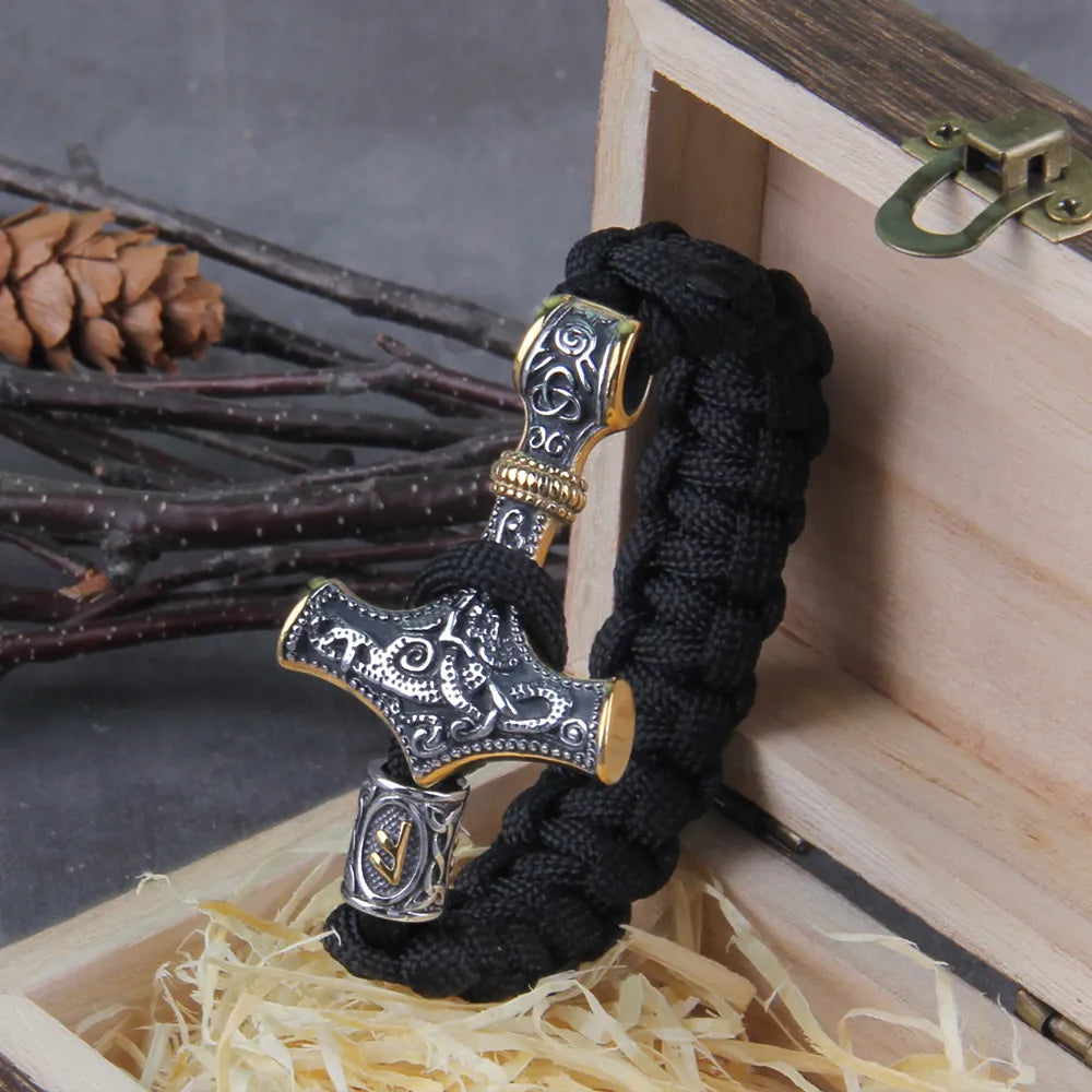 Stainless Steel Mens Viking Mjolnir Leather Bracelet Thor hammer Wristband Norse Mythology Runes Amulet Jewelry With wooden box
