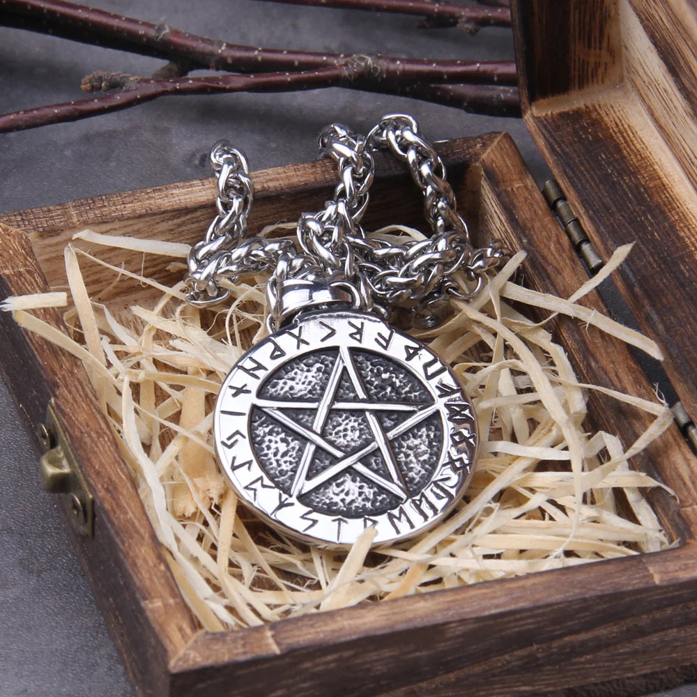 Stainless Steel Nordic Rune and Magic pentagram pendant necklace with viking wooden box as gift