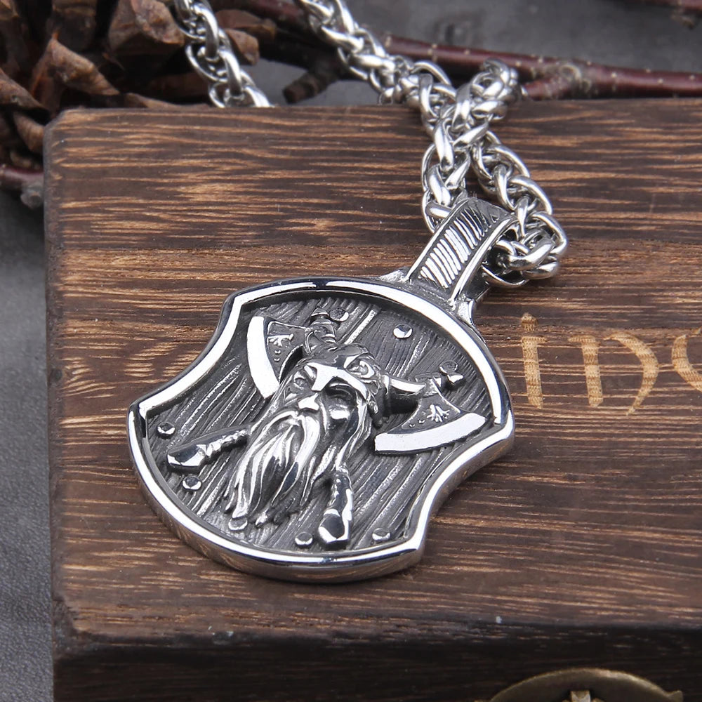 Stainless Steel Men Viking Warrior with viking axe on viking Shield pendant necklace as men gift