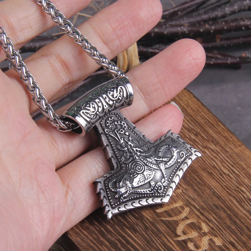 Norse Vikings Thor's Hammer Mjolnir Scandinavian Rune Amulet Necklace Stainless Steel Chain Vegvisir Anchor Pendant Male Jewelry