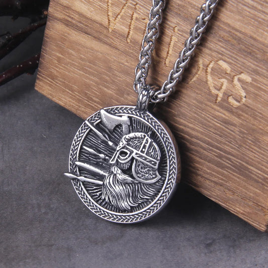 Norse Viking Warrior and tree of life with axe pendant necklace with wooden box as gift