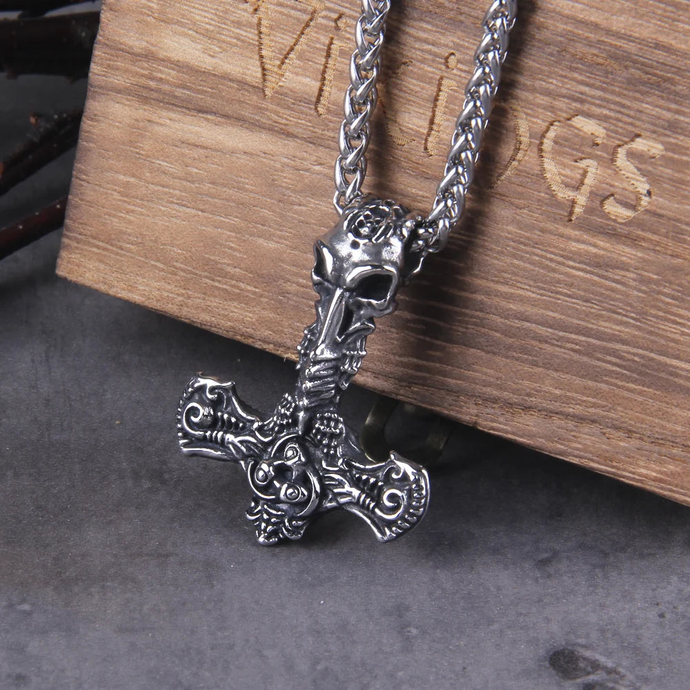 Nordic Viking Mjolnir Stainless Steel Thor Hammer Skull Helm of Awe Necklace For Men With Wooden Box