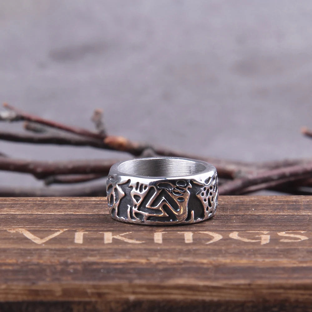 Vikings Jewelry Men Wolves of Odin Valknut Forging 316L Stainless Steel Ring Pagan Nordic Amulet Biker Jewelry