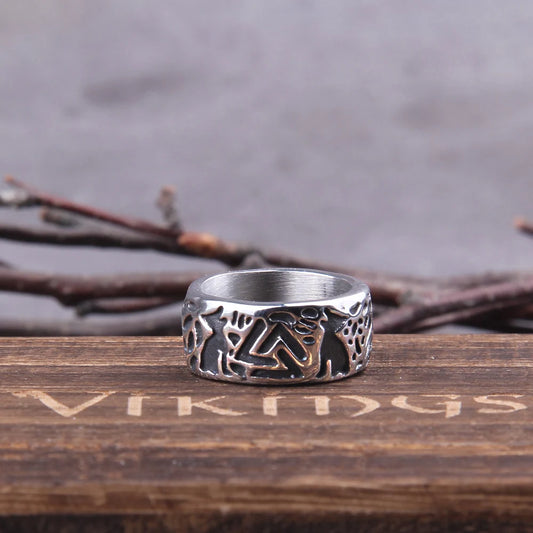 Vikings Jewelry Men Wolves of Odin Valknut Forging 316L Stainless Steel Ring Pagan Nordic Amulet Biker Jewelry