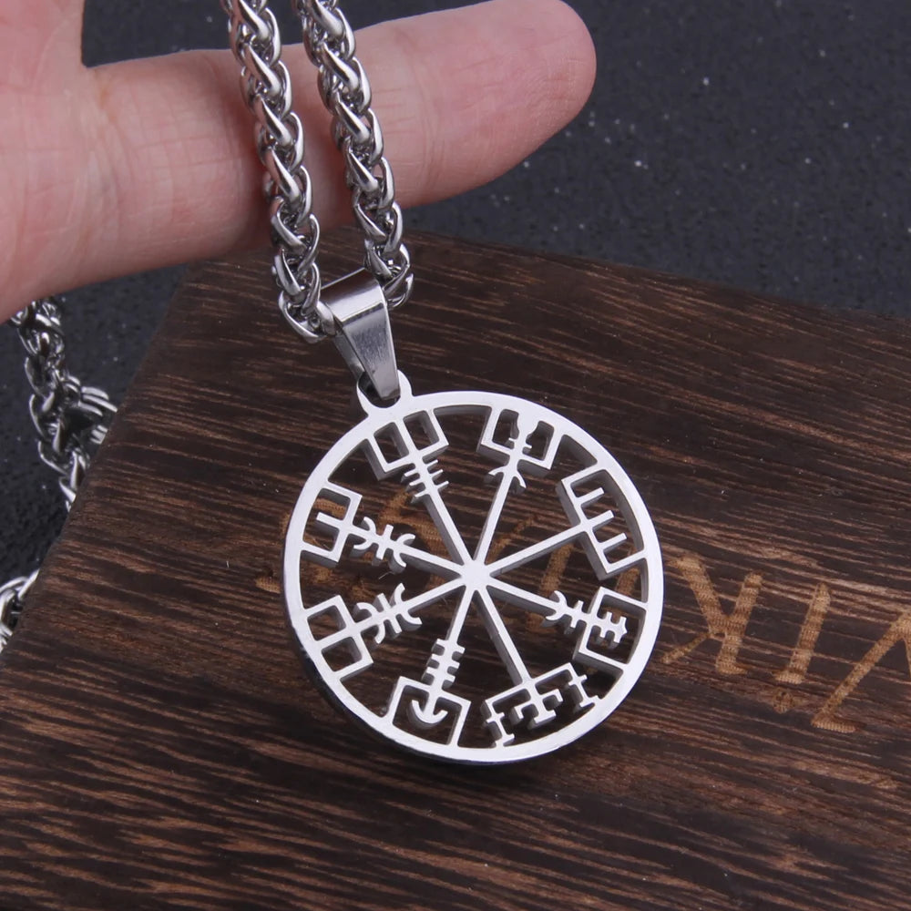 Stainless steel Viking vegvísir necklace as men gift with wooden box never fade