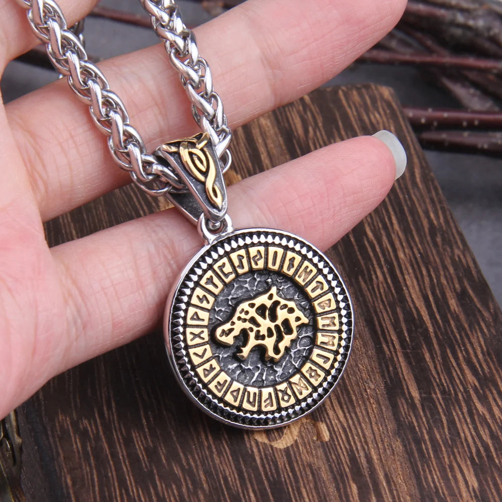 Stainless Steel Nordic 24 Runes and viking wolf pendant necklace with viking wooden box as gift
