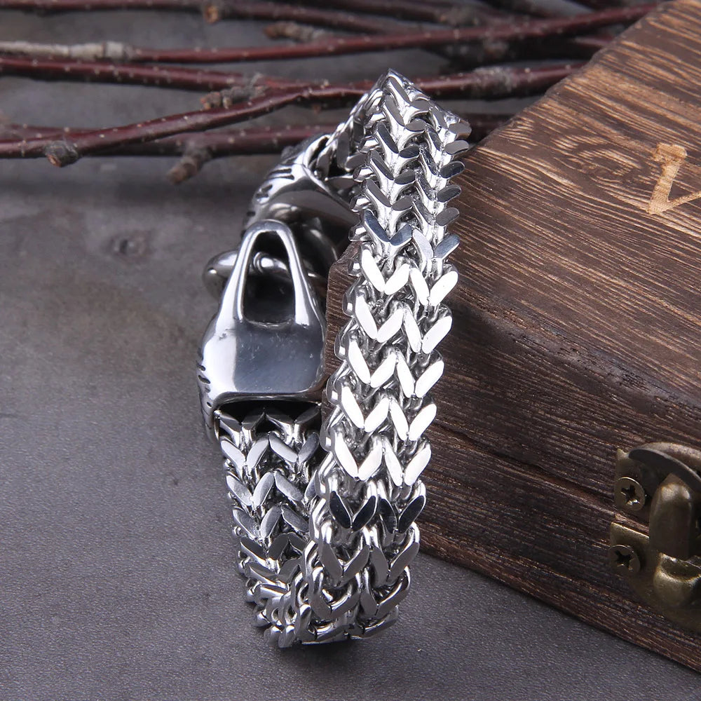 Never Fade Rock Viking Wolf Charm Bracelet Men's Stainless Steel Mesh Chain Gold Wolf Punk Bracelets Biker Jewelry without box
