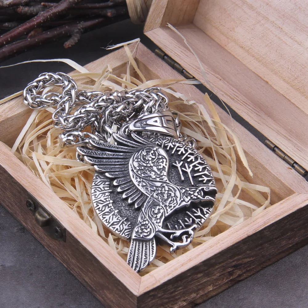Norse Odin Symbol Viking Raven Amulet Runes Algiz Protection Wicca Talisman Crow Pendant Necklace Men Dropshipping