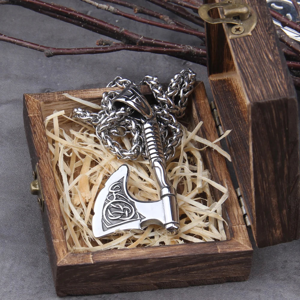 Stainless Steel Viking Axe key bottle opener viking necklace with wooden box as gift