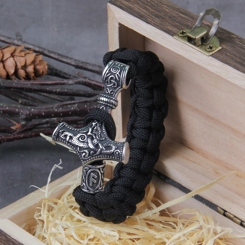 Stainless Steel Mens Viking Mjolnir Leather Bracelet Thor hammer Wristband Norse Mythology Runes Amulet Jewelry With wooden box