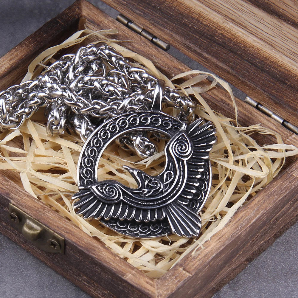 Never Fade viking Triple Horn of Odin raven Huginn and Muninn amulet Stainless steel rune pendant necklace with wooden box