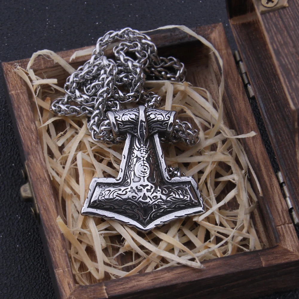 Stainless Steel Mix Gold thor's hammer mjolnir necklace Raven Viking Necklace as men gift with wooden box