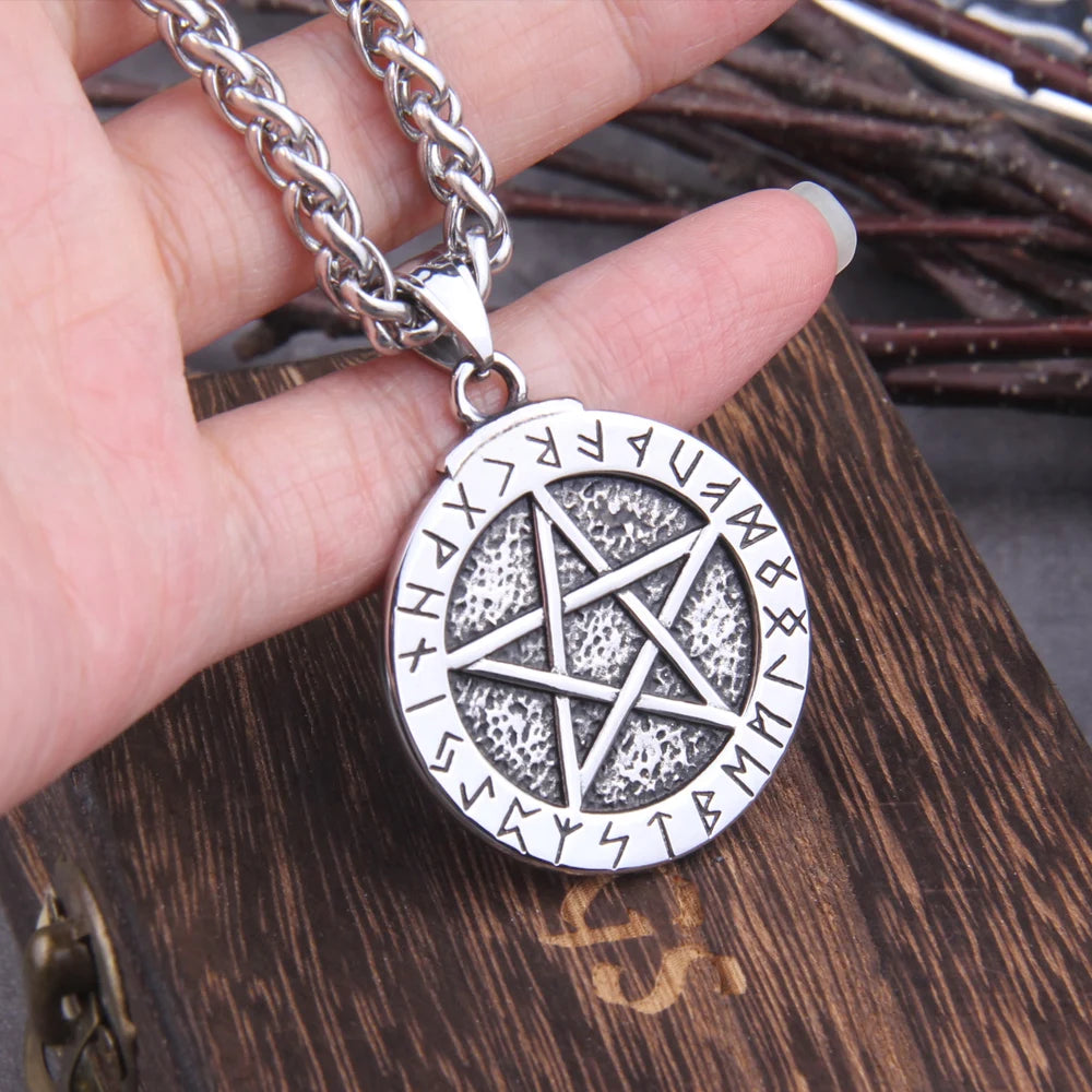 Stainless Steel Nordic Rune and Magic pentagram pendant necklace with vikingshields