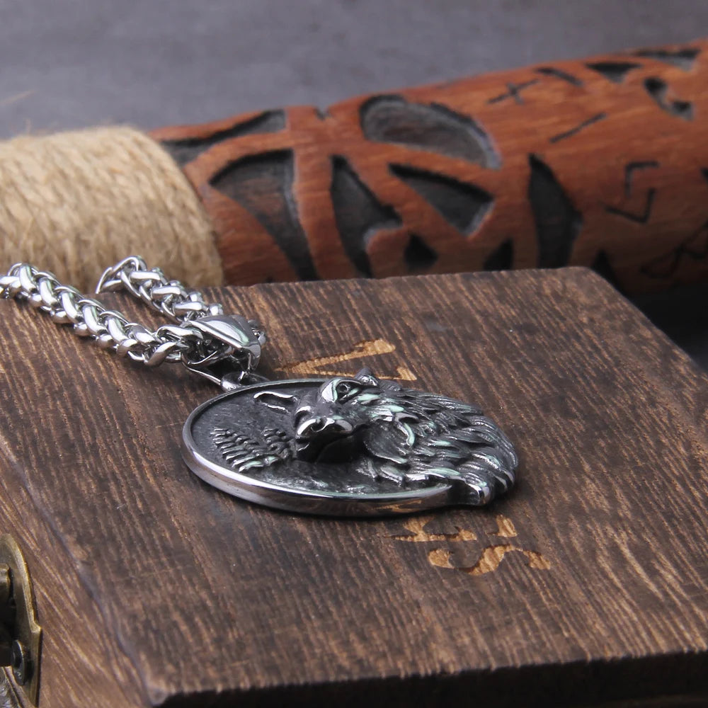 Fenrir Wolf Viking Necklace, Steel Norse Runes Pendant | TheNorseWind